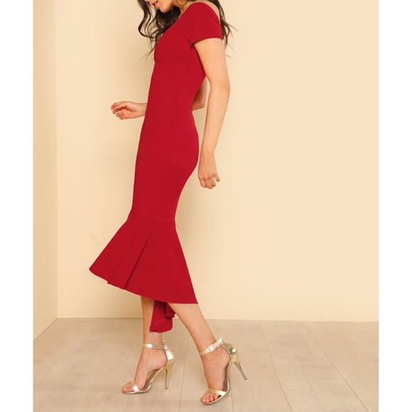 Red Off the Shoulder Bodycon Mermaid Midi Dress - Picture 3 of 6